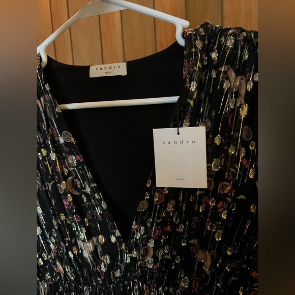 Sandro Paris Black Gold Sparkle Dress Moon Dog Floral Print - Picture 3 of 10